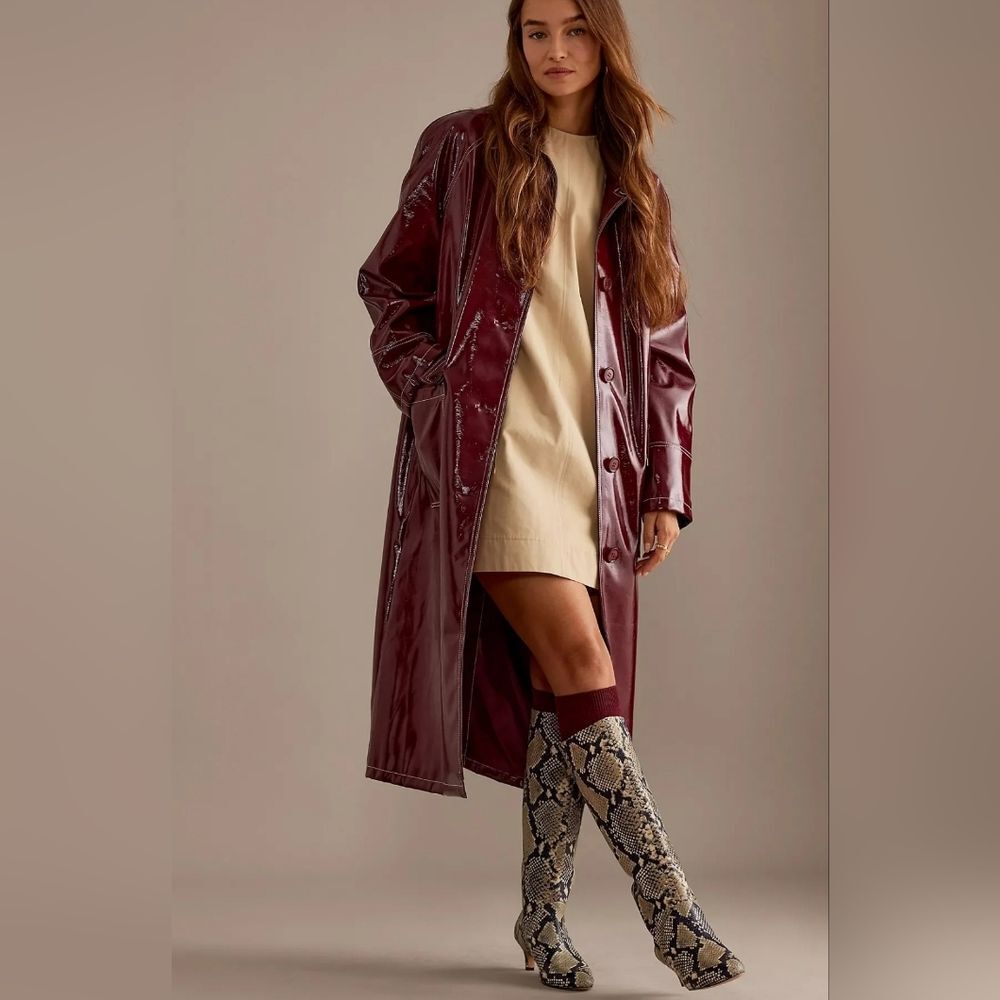 NWT Vigoss Burgundy Faux Patent Leather Double Breasted Trench Coat Size S